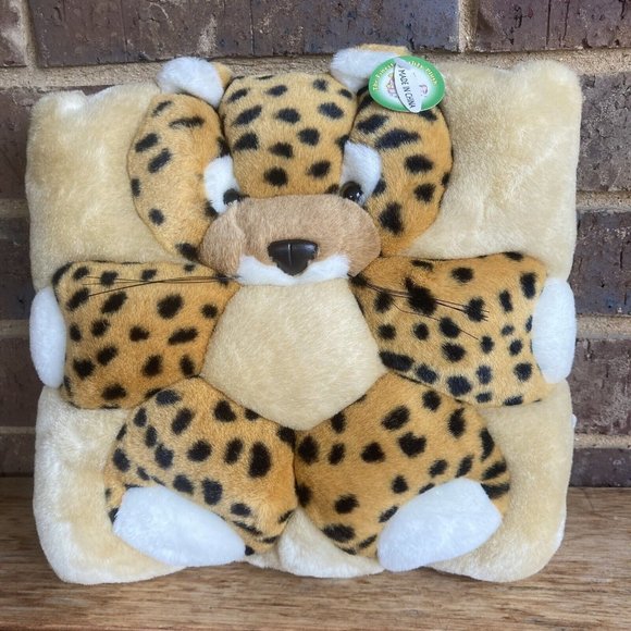 Vintage 1990s Leopard Jaguar Plush Pillow 10" square by Angel Toy - Picture 1 of 6